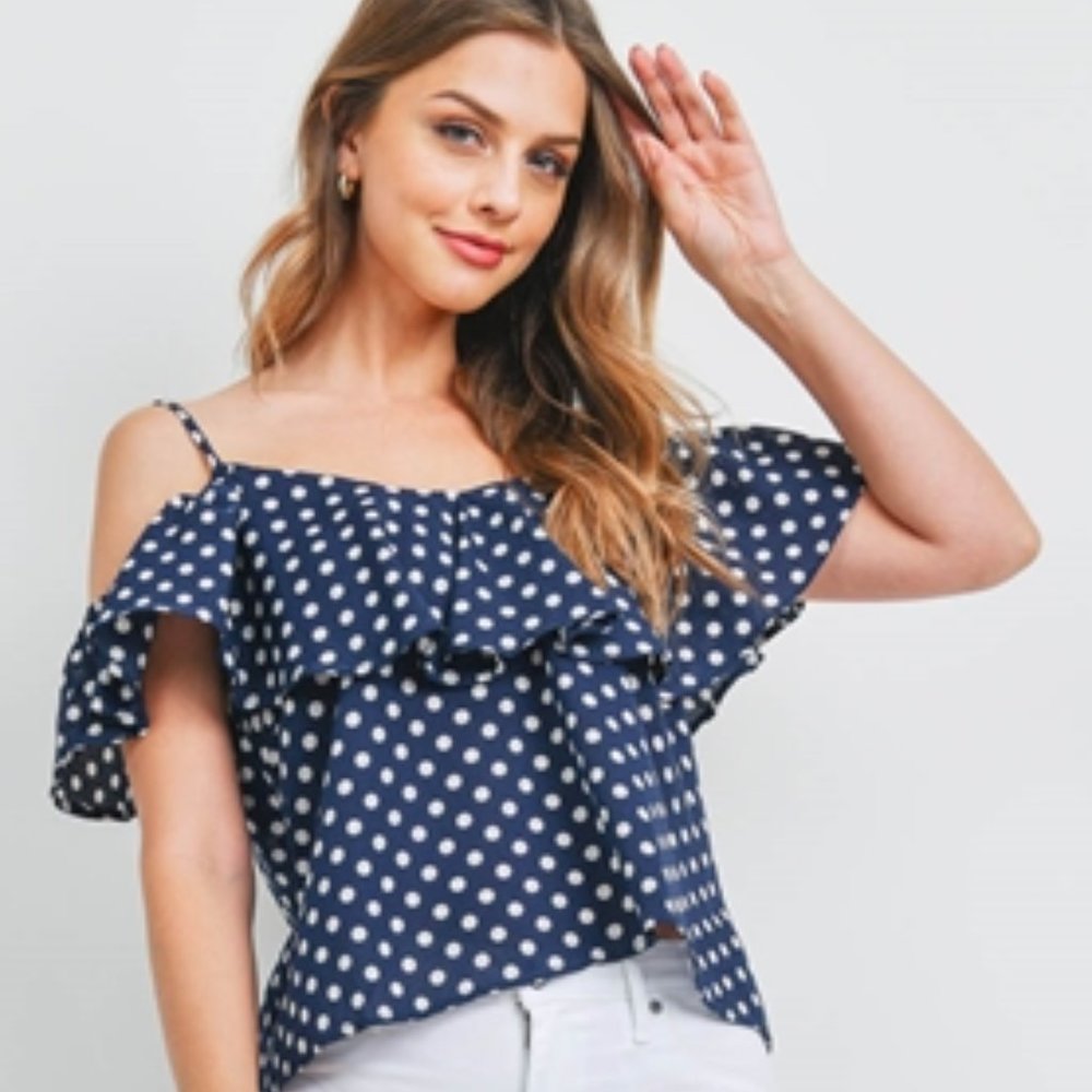 Navy Womens polka dot cold shoulder ruffled detailed blouse - Picture 3 of 7